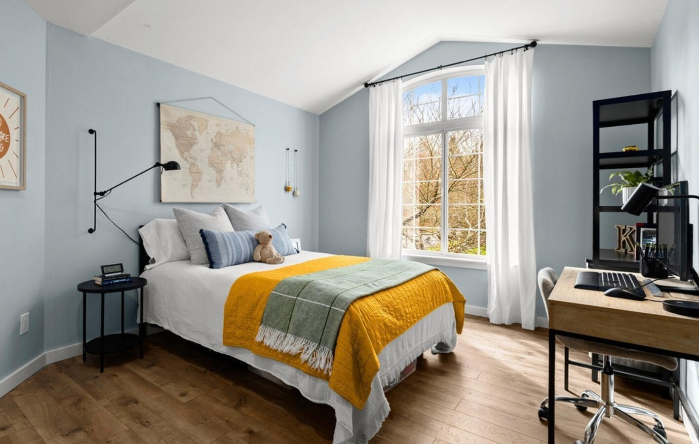 Staged Boys Bedroom with Desk and Storage